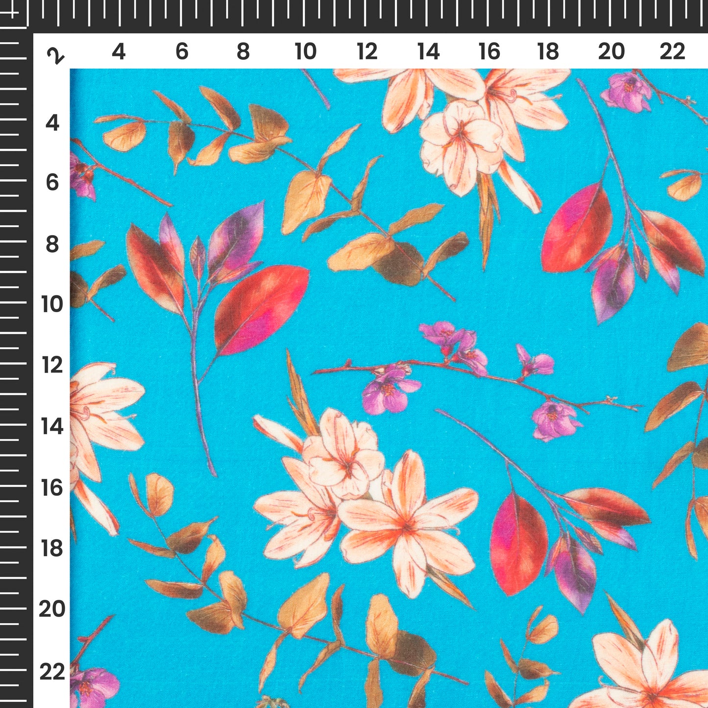 Azure Blue Floral Printed Sustainable Orange Fabric