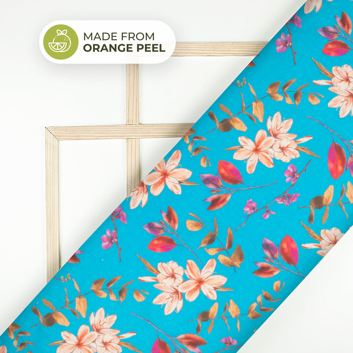 Azure Blue Floral Printed Sustainable Orange Fabric