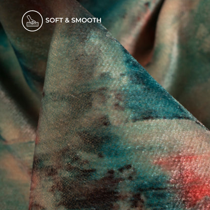 Teal Blue Tye And Dye Pattern Digital Print Velvet Fabric