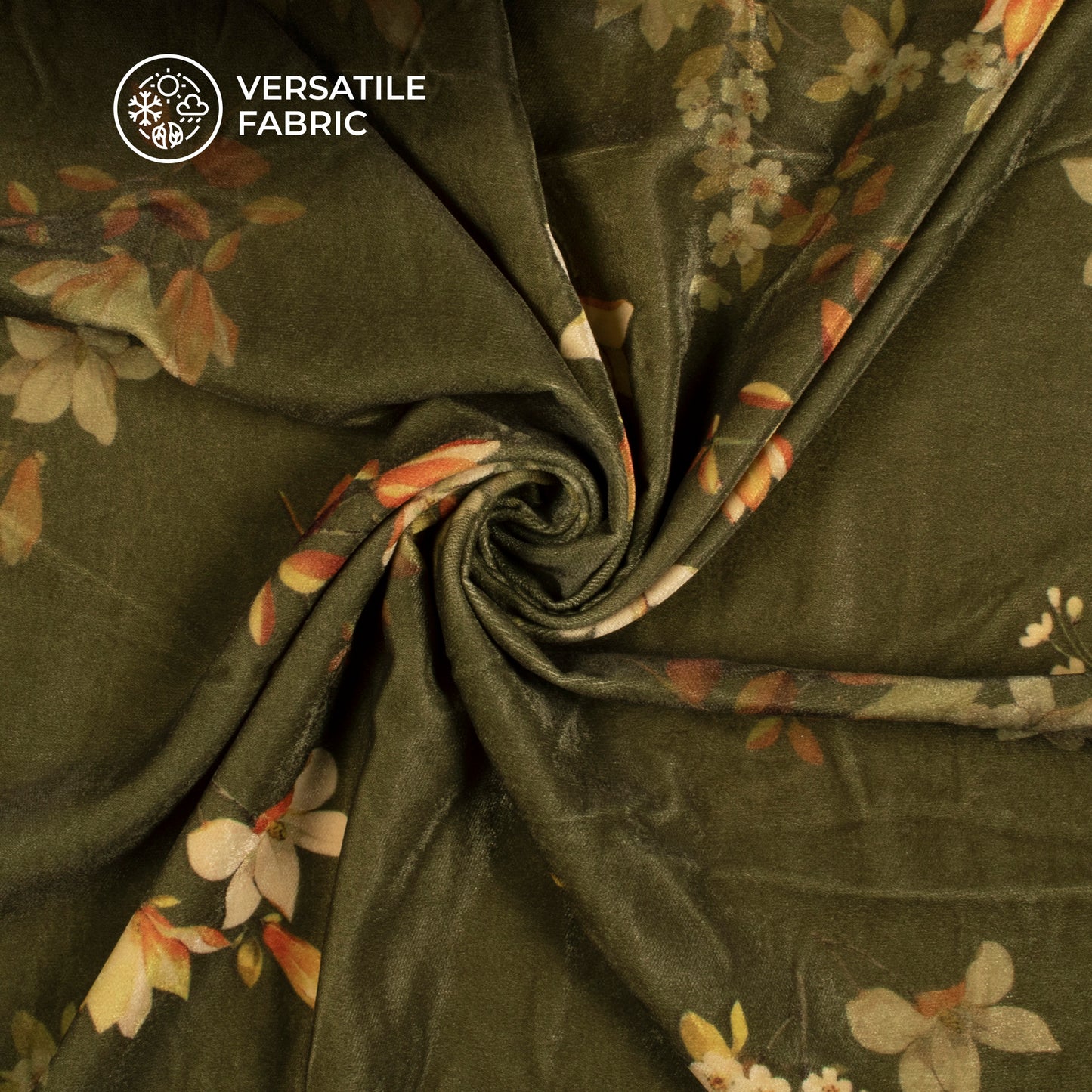 Dark Moss Green Floral Pattern Digital Print Velvet Fabric