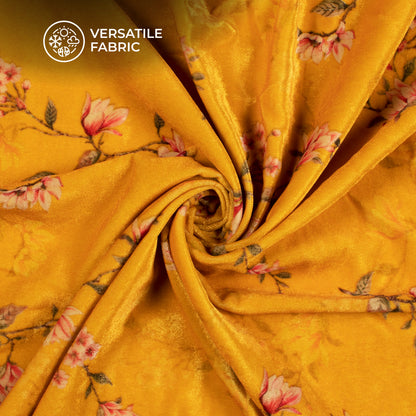 Golden Yellow Floral Pattern Digital Print Velvet Fabric