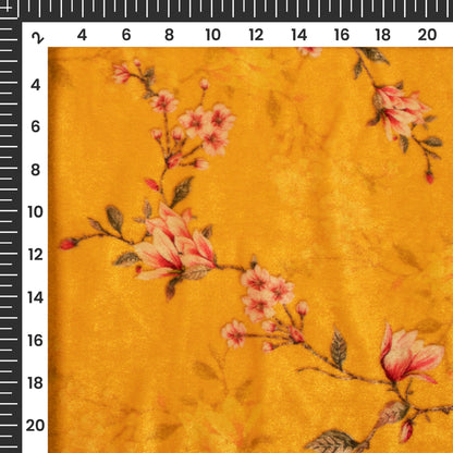 Golden Yellow Floral Pattern Digital Print Velvet Fabric