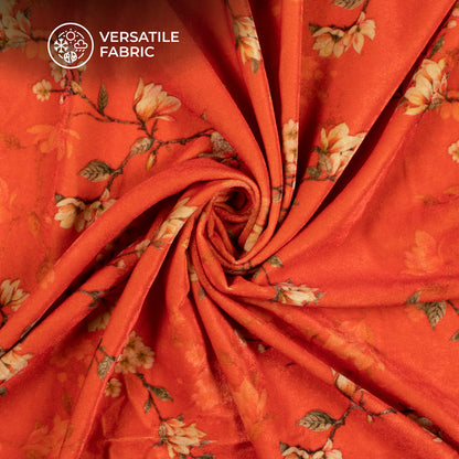 Orange Floral Pattern Digital Print Velvet Fabric