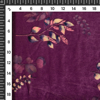 Deep Violet Purple Leaf Pattern Digital Print Velvet Fabric