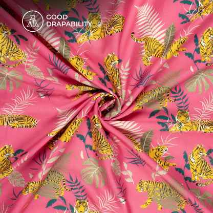 Pink And Yellow Tiger Digital Print Butter Crepe Fabric