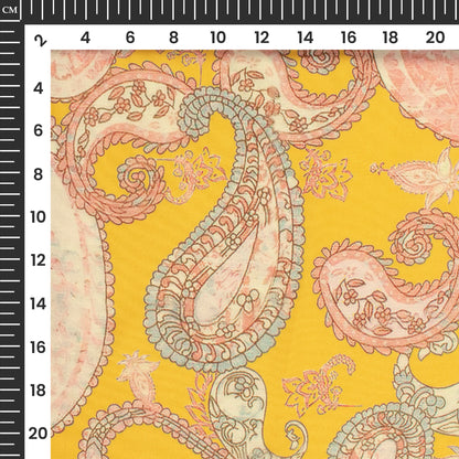 Yellow And Blush Pink Paisely Digital Print Butter Crepe Fabric