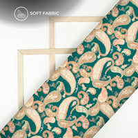 Teal Blue And Blush Pink Paisely Digital Print Butter Crepe Fabric