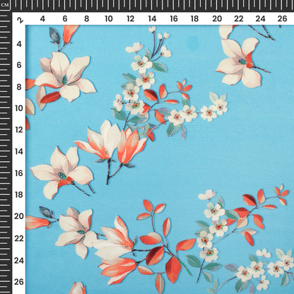 Sky Blue And Off White Floral Digital Print Butter Crepe Fabric