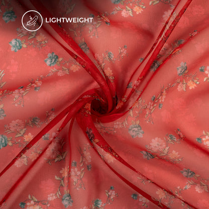 Rose Red Floral Digital Print Matt Organza Fabric