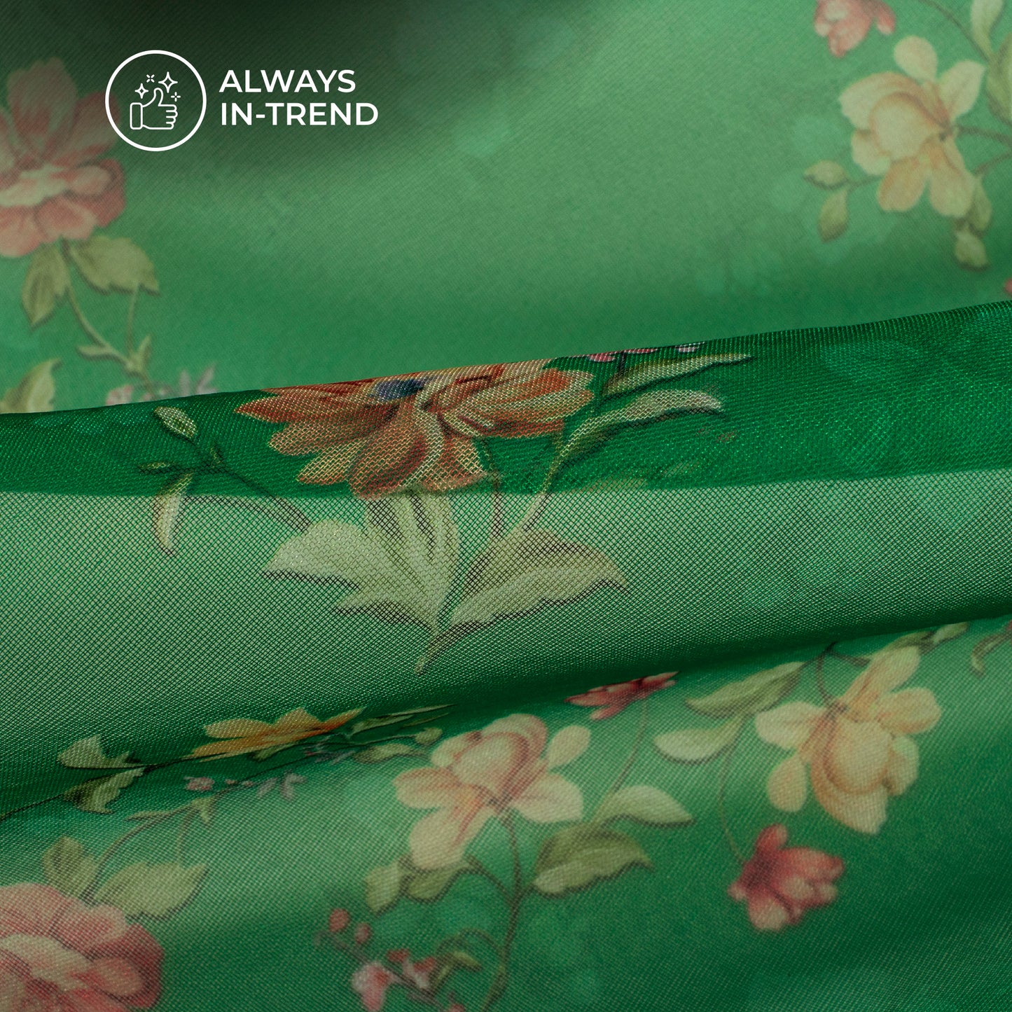 Dark Green Floral Digital Print Matt Organza Fabric