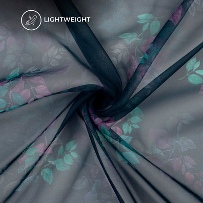 Navy Blue Leaf Digital Print Matt Organza Fabric