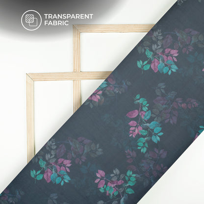 Navy Blue Leaf Digital Print Matt Organza Fabric
