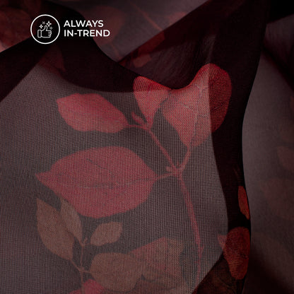 Plum Purple Leaf Digital Print Matt Organza Fabric