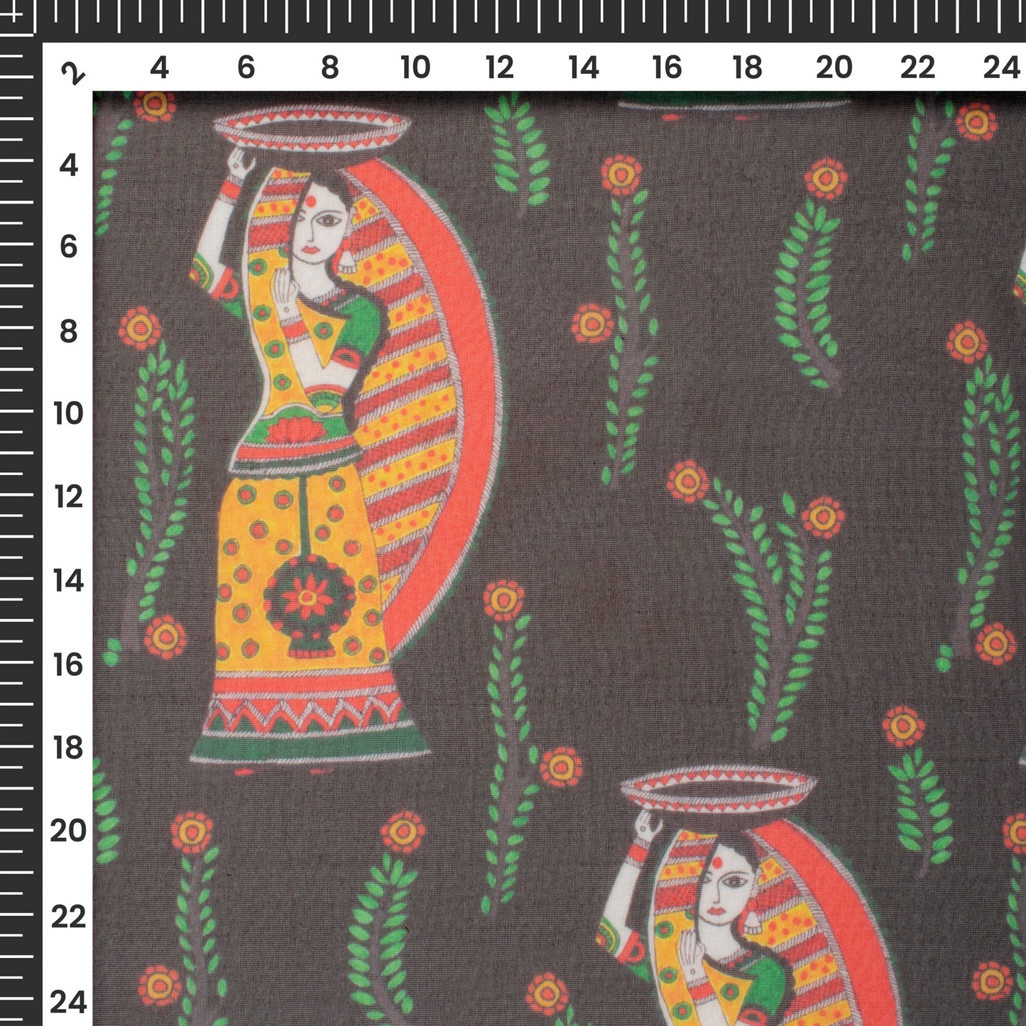 Black Madhubani Digital Print Matt Organza Fabric