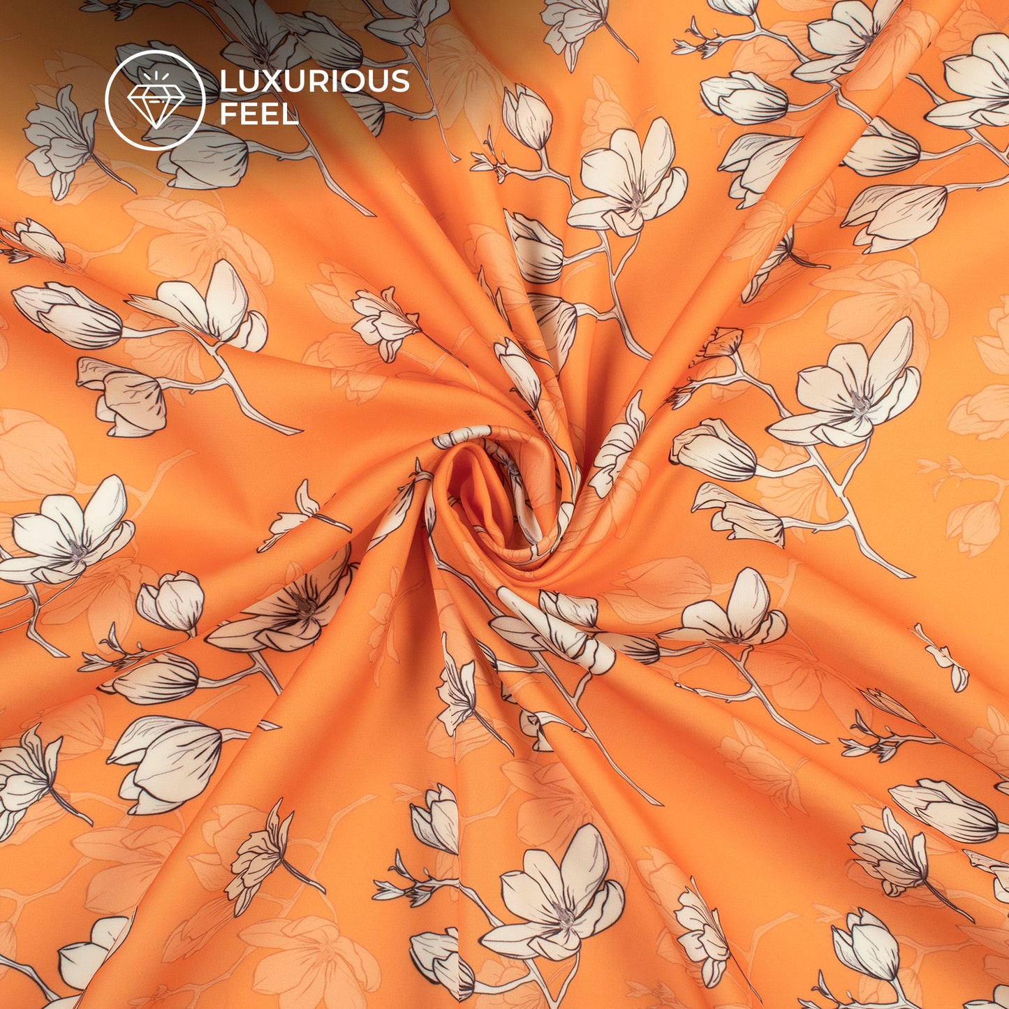 Orange Floral Digital Print Imported Satin Fabric