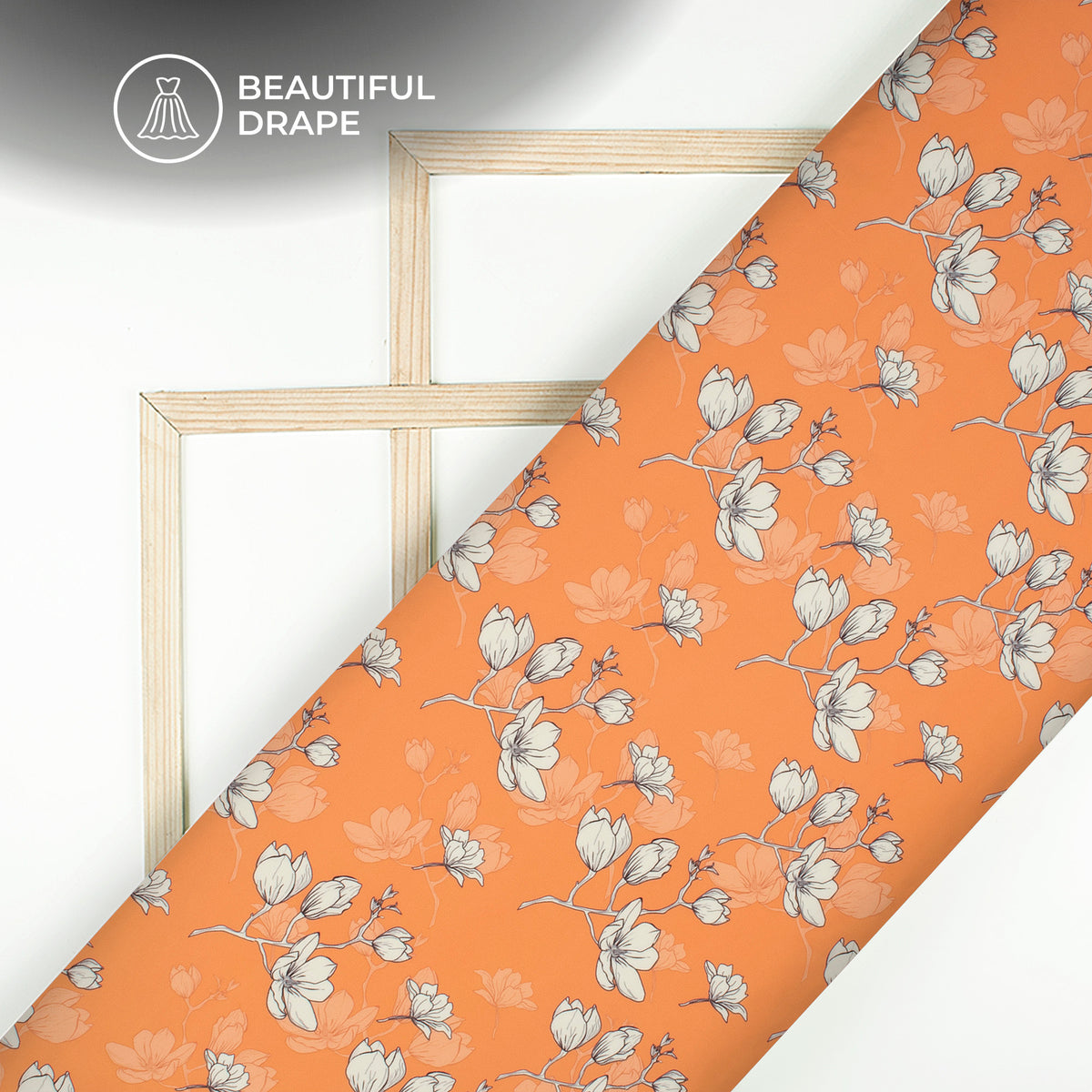 Orange Floral Digital Print Imported Satin Fabric