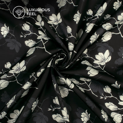Black Floral Digital Print Imported Satin Fabric