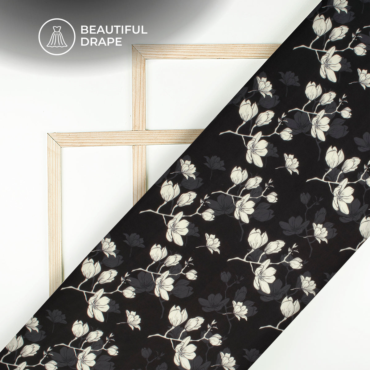 Black Floral Digital Print Imported Satin Fabric