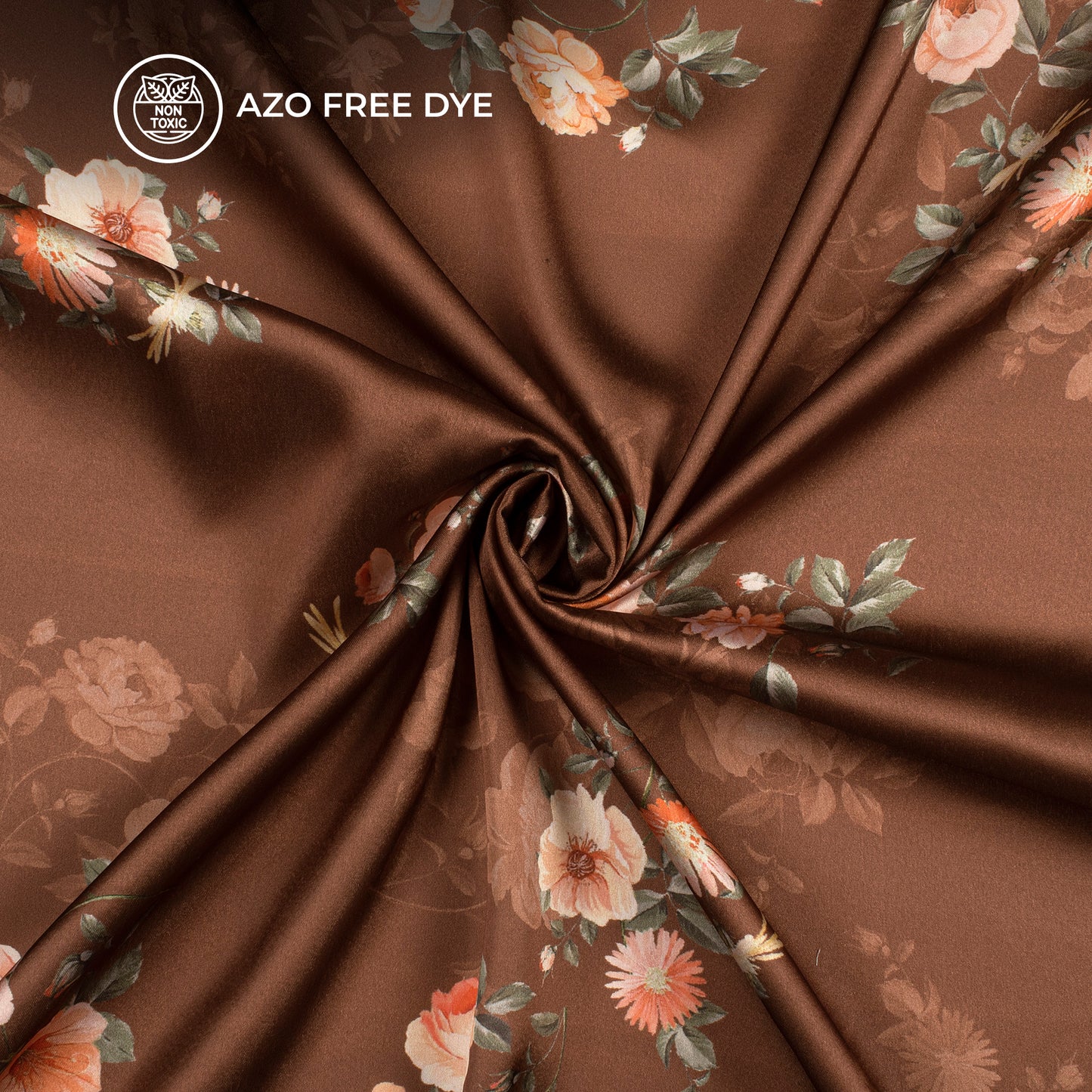 Chocolate Brown Floral Digital Print Japan Satin Fabric