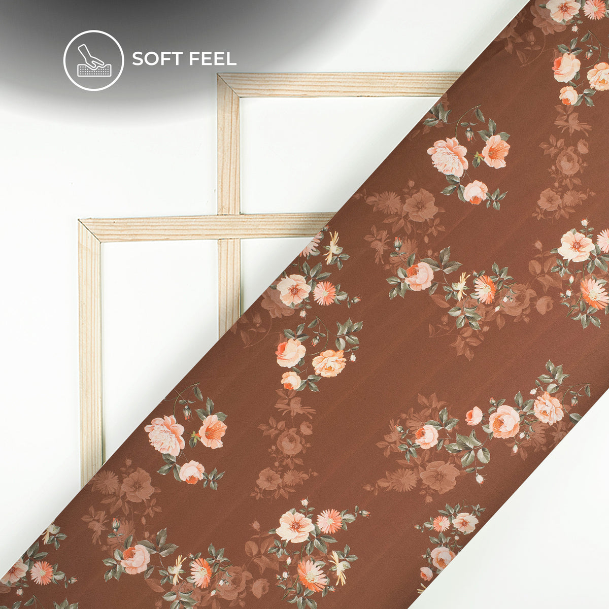 Chocolate Brown Floral Digital Print Japan Satin Fabric