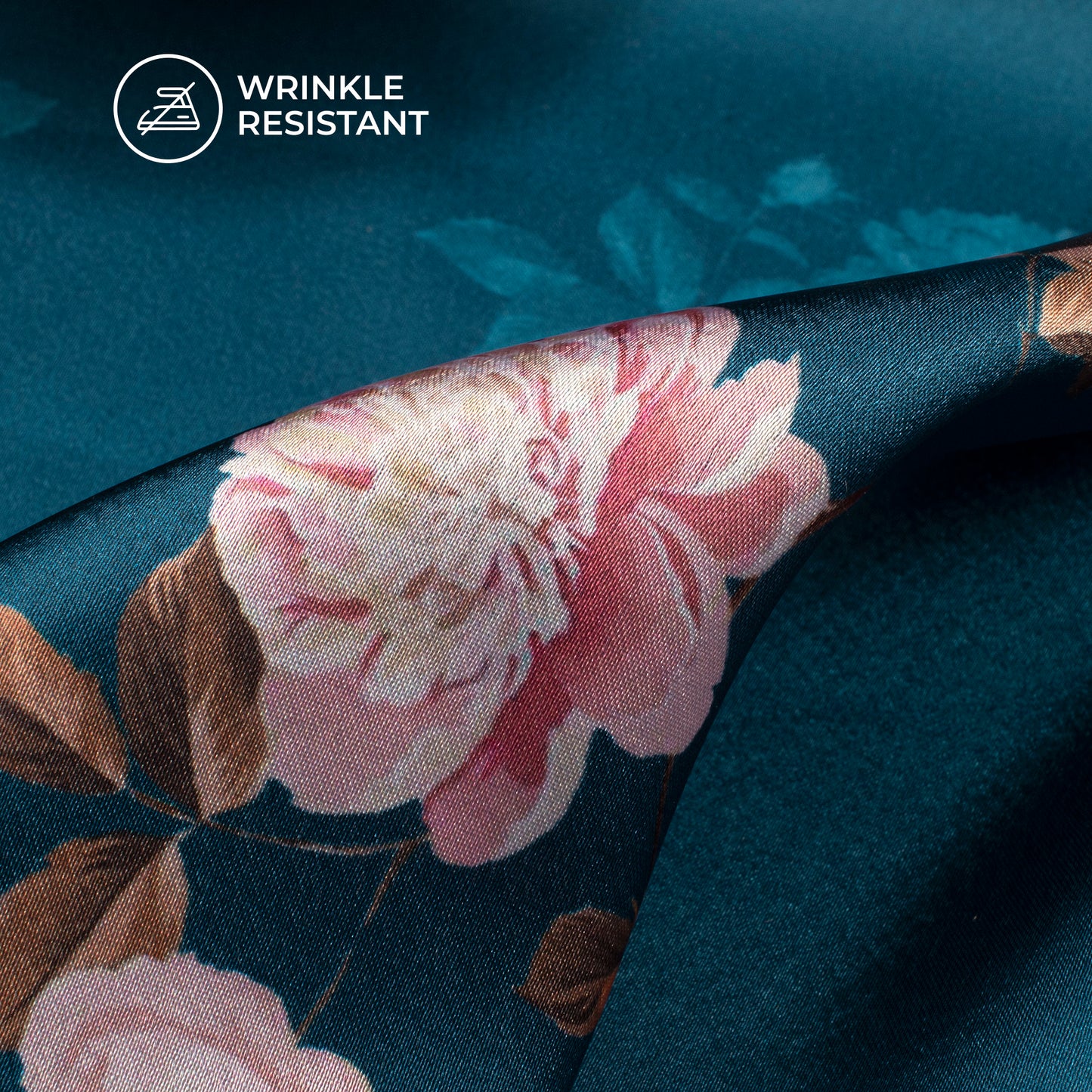 Dark Teal Floral Digital Print Japan Satin Fabric