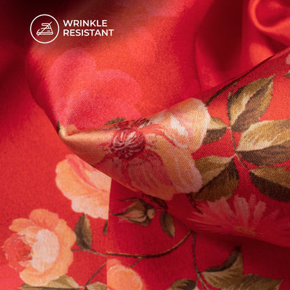 Crimson Red Floral Digital Print Japan Satin Fabric