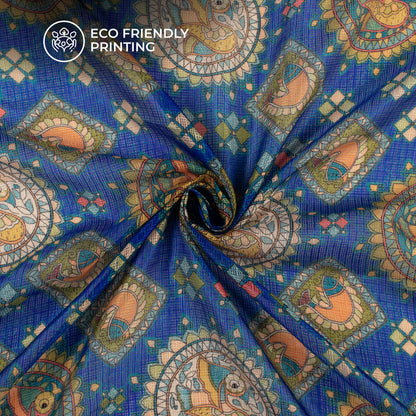 Blue And Olive Green Madhuvanii Digital Printed Kota Doria Fabric