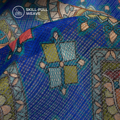 Blue And Olive Green Madhuvanii Digital Printed Kota Doria Fabric