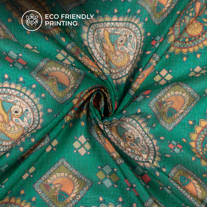 Teal Blue And Orange Madhuvanii Digital Printed Kota Doria Fabric