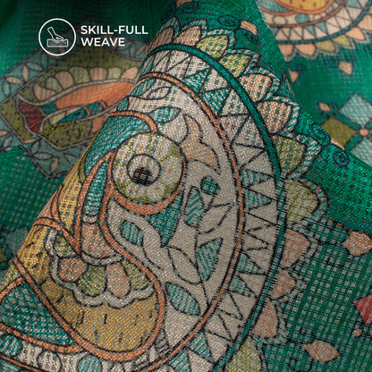 Teal Blue And Orange Madhuvanii Digital Printed Kota Doria Fabric