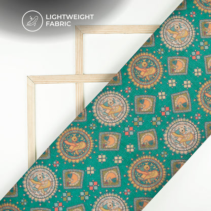 Teal Blue And Orange Madhuvanii Digital Printed Kota Doria Fabric
