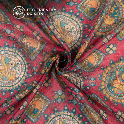 Ruby Red And Teal Blue Madhuvanii Digital Printed Kota Doria Fabric