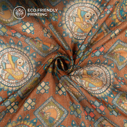 Olive Brown And Sky Blue Madhuvanii Digital Printed Kota Doria Fabric