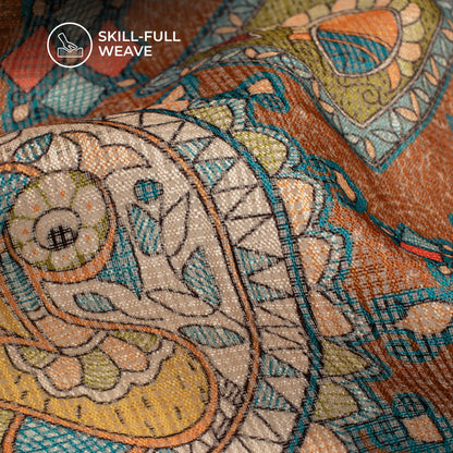 Olive Brown And Sky Blue Madhuvanii Digital Printed Kota Doria Fabric