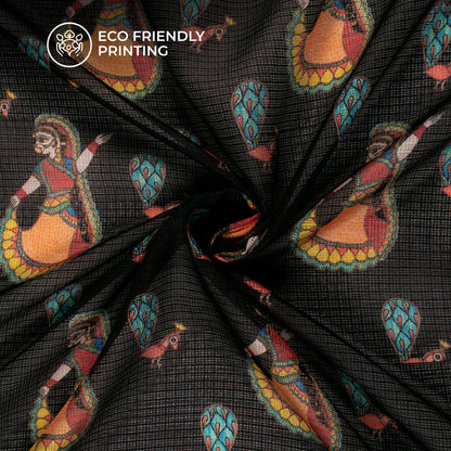 Black And Orange Madhuvanii Digital Printed Kota Doria Fabric