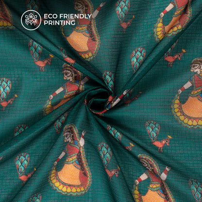 Teal Blue And Orange Madhuvanii Digital Printed Kota Doria Fabric