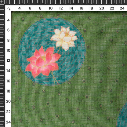 Teal Blue And Dark Moss Green Pichwaii Digital Print Kota Doria Fabric