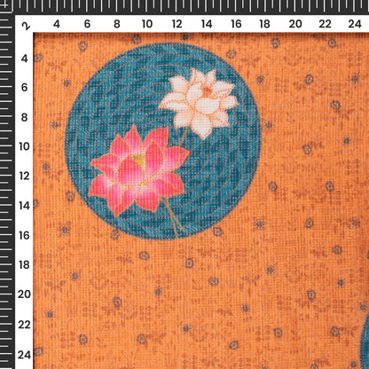 Orange And Teal Blue Pichwaii Digital Print Kota Doria Fabric