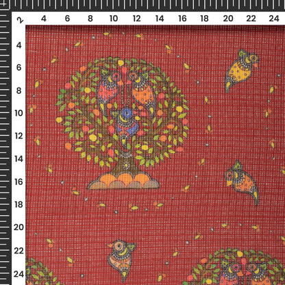 Maroon And Green Madhuvanii Digital Printed Kota Doria Fabric