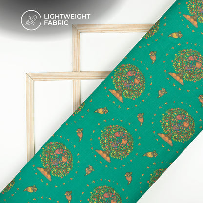 Castleto Green And Orange Madhuvanii Digital Printed Kota Doria Fabric