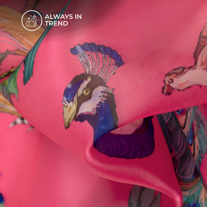 Neon Pink Peacock Digital Print Organza Satin Fabric