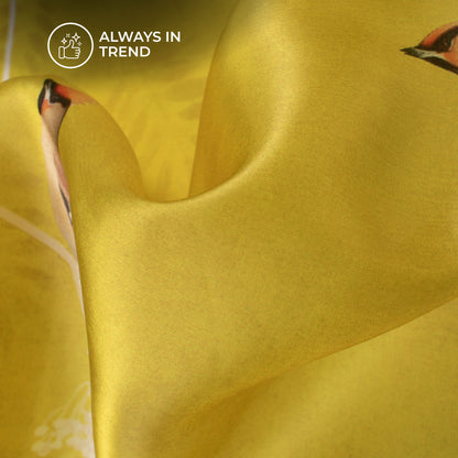 Lemon Yellow Bird Digital Print Organza Satin Fabric