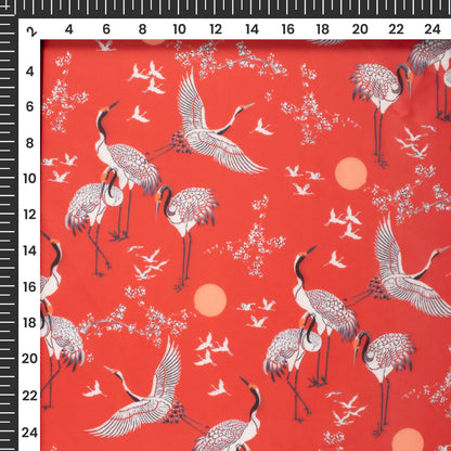 Cherry Red Bird Digital Print Organza Satin Fabric