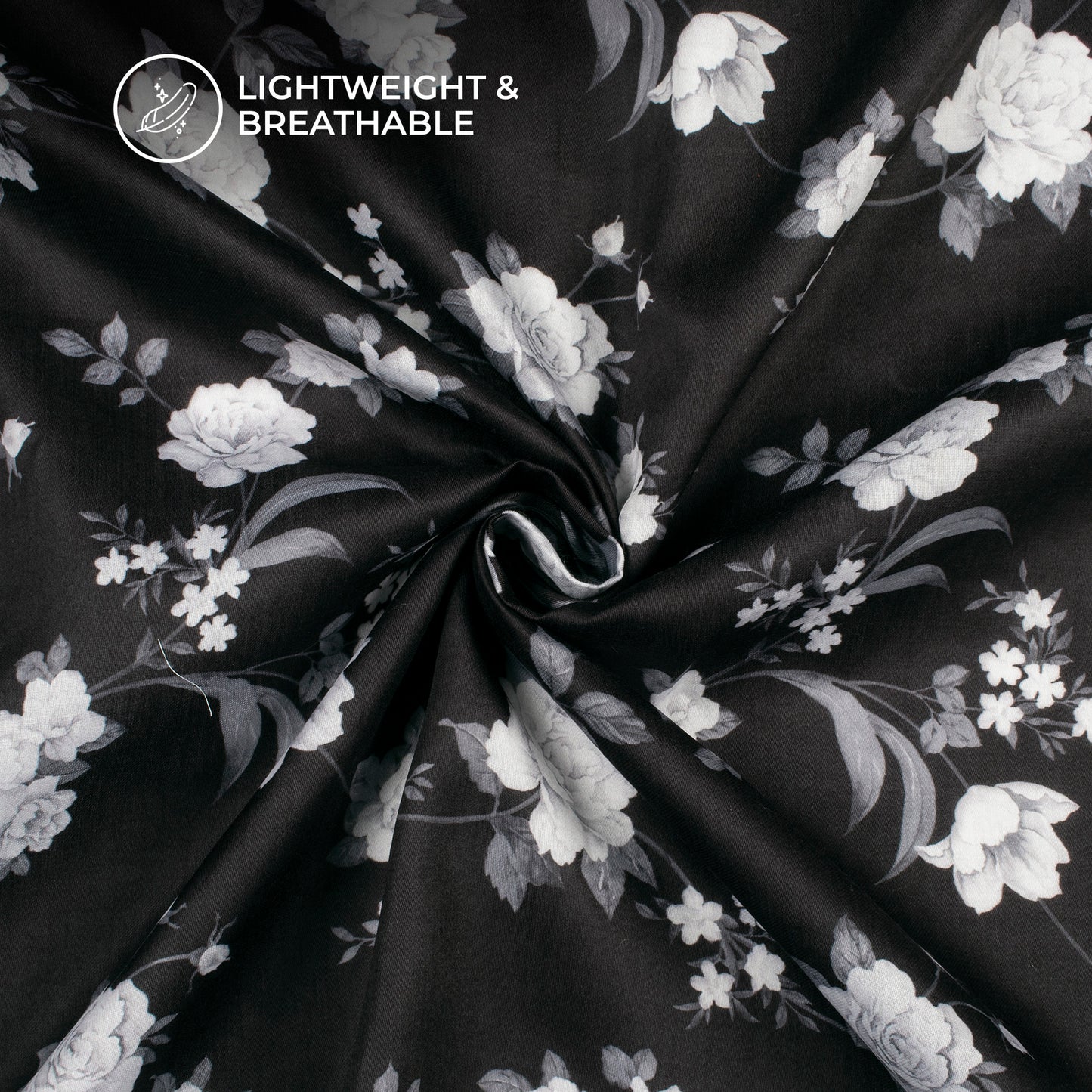 Black Floral Digital Print Poly Glazed Cotton Fabric