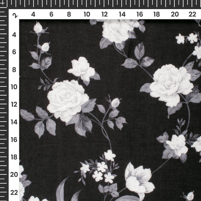 Black Floral Digital Print Poly Glazed Cotton Fabric