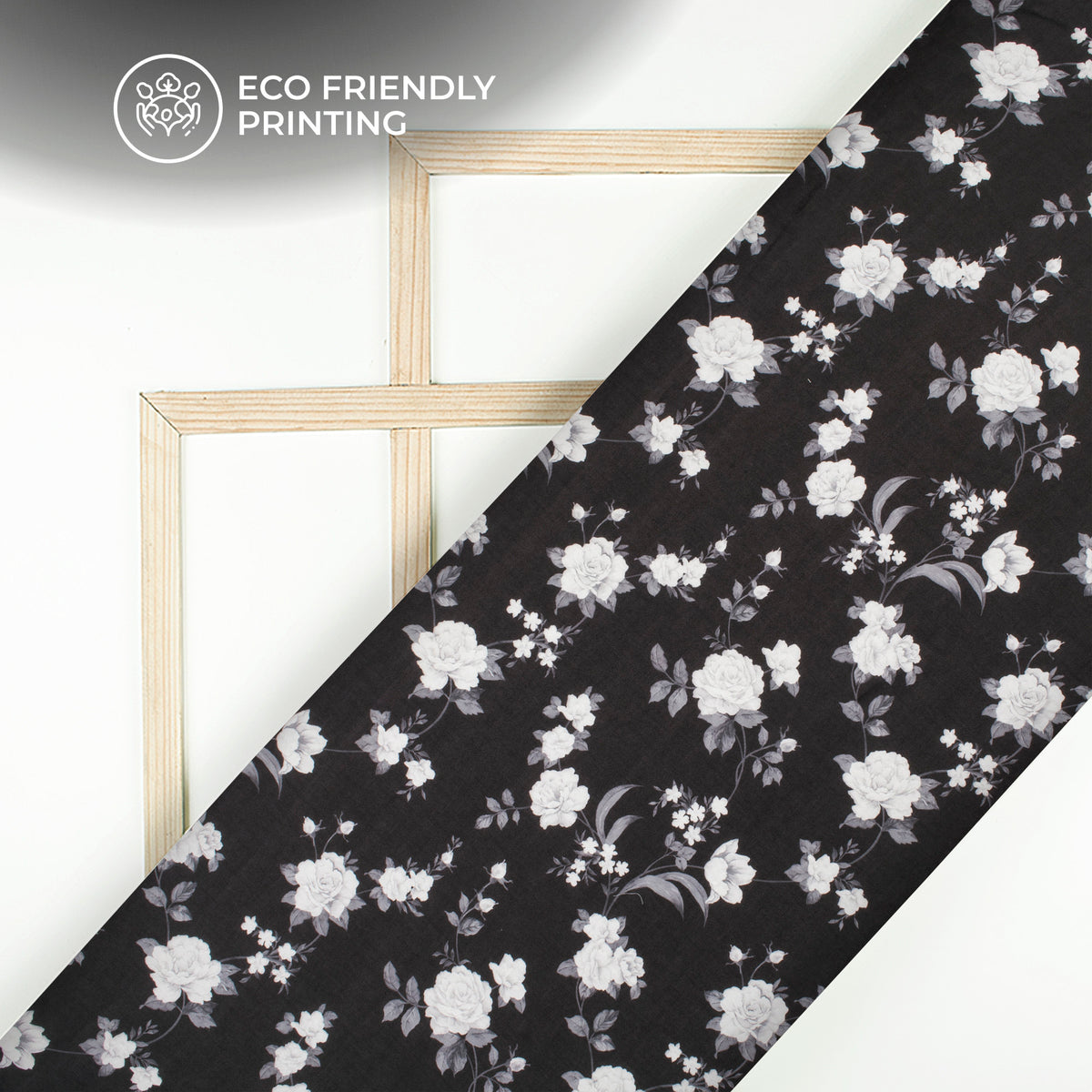 Black Floral Digital Print Poly Glazed Cotton Fabric