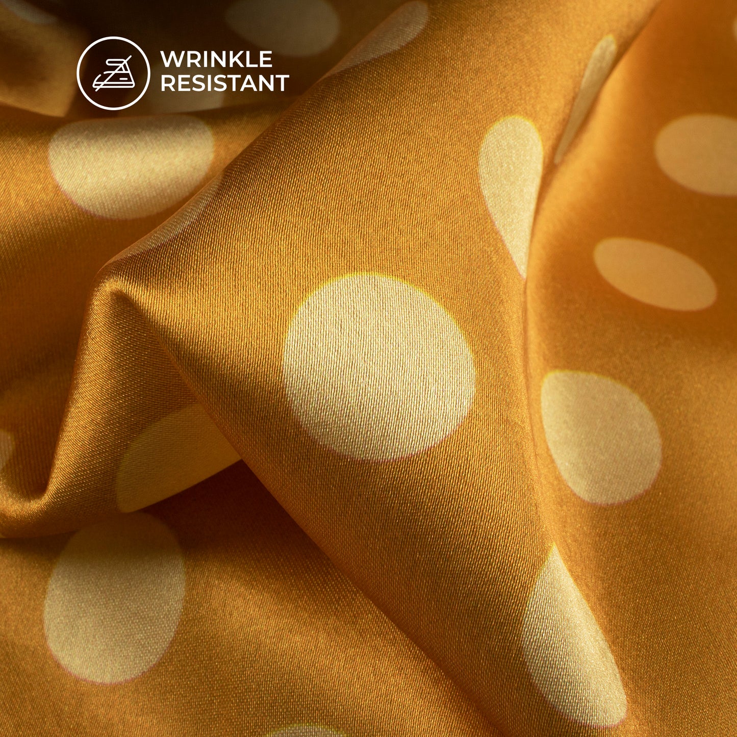 Golden Yellow Poka Dots Digital Print Japan Satin Fabric
