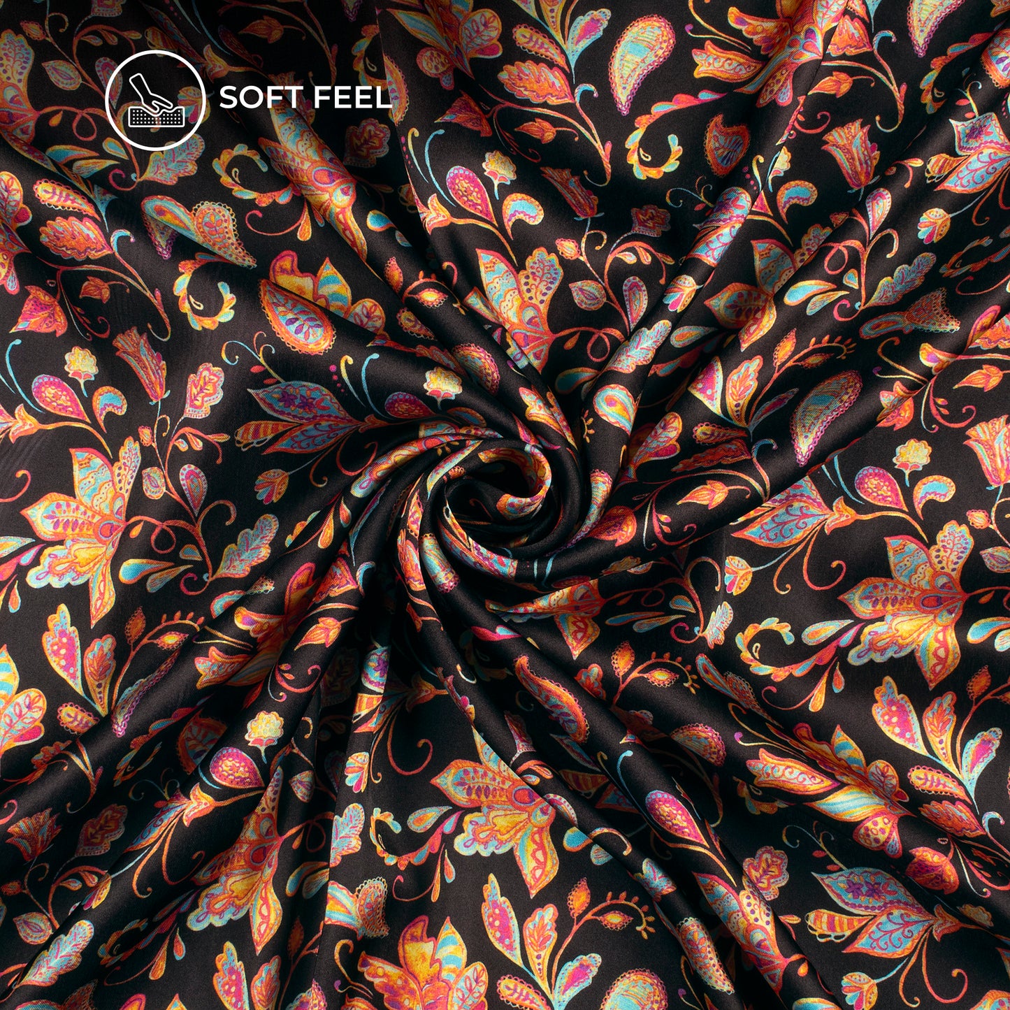 Black Floral Digital Print Japan Satin Fabric