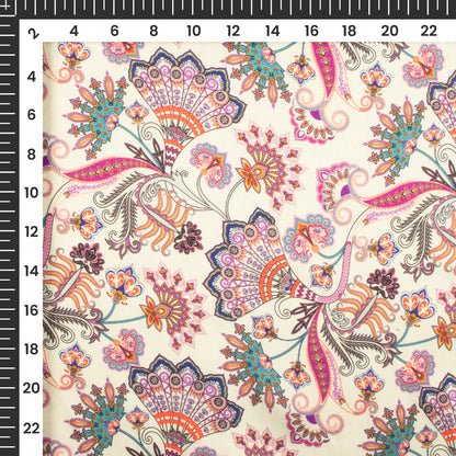 Cream Floral Digital Print Japan Satin Fabric