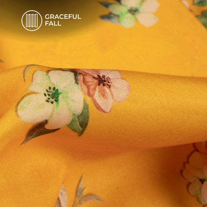 Gold Yellow Floral Digital Print Butter Crepe Fabric